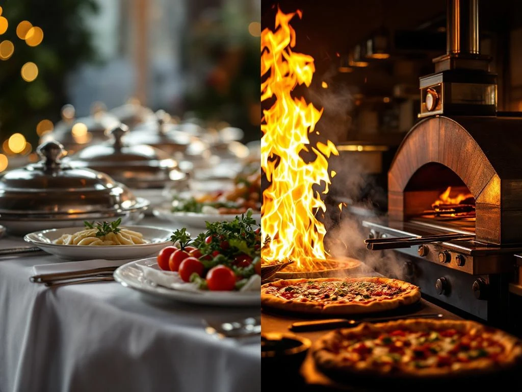 Vergelijking van cateringdiensten: elegante buffetopstelling met zilveren schalen links, levendige kookshow met vlammen rechts