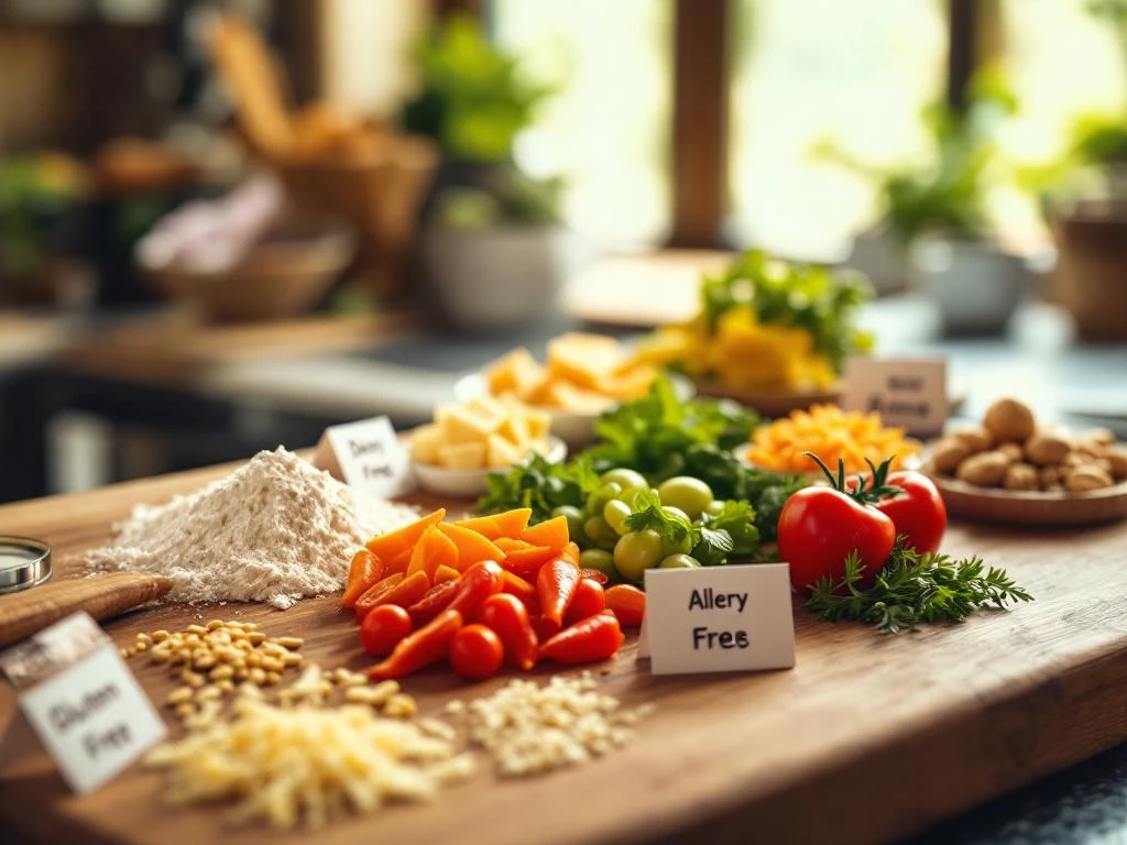 Houten snijplank met allergeenvrije ingrediënten, glutenvrije bloem, zuivelvrije kaas en verse groenten voor catering