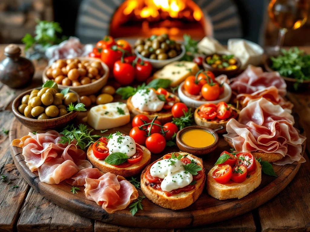 Antipasti plankje met olijven, bruschetta, burrata, prosciutto en kazen op rustieke houten tafel met pizza-oven op achtergrond