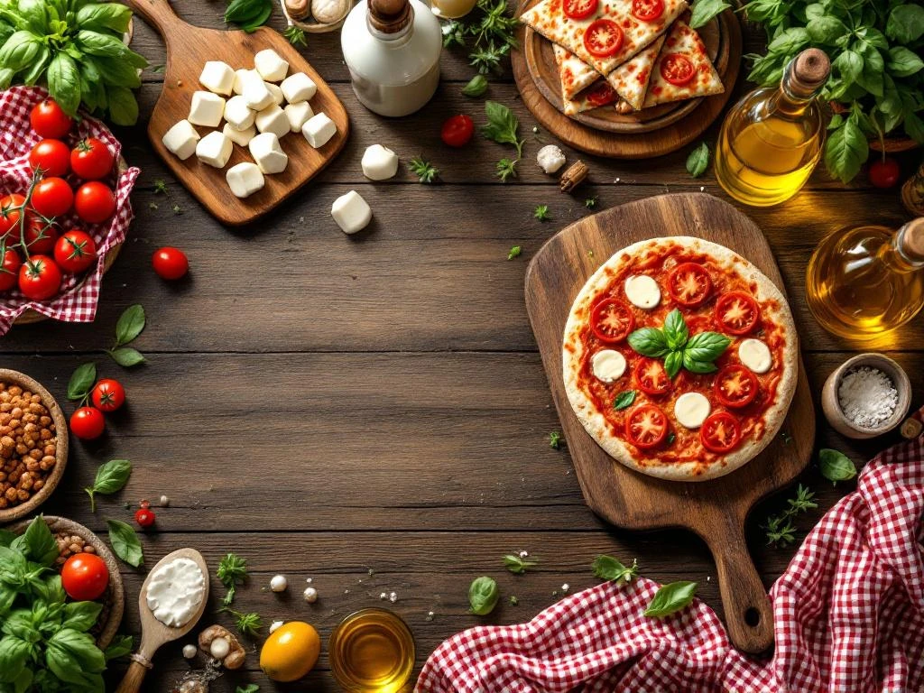 Italiaanse pizzatafel met verse ingrediënten, mozzarella, tomaten, basilicum en olijfolie op rustiek hout