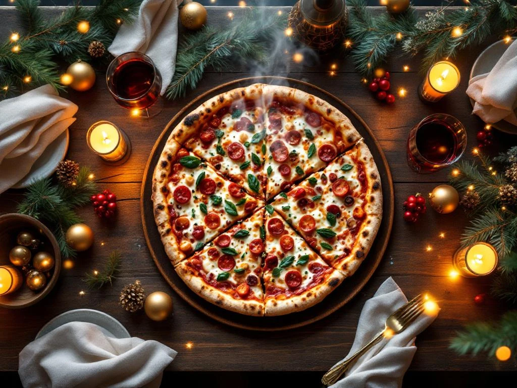 Houtoven pizza op feestelijke kersttafel met dennentakken, gouden versieringen en kaarslicht voor luxe catering
