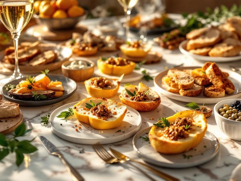 Luxe catering gerechten elegant gerangschikt op marmeren oppervlakken met truffel hapjes en artisanaal brood