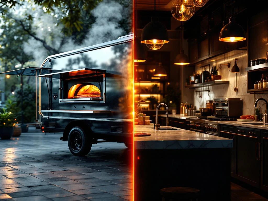 Vergelijking van mobiele pizzaoven op foodtruck versus stationaire keuken met professionele apparatuur en marmeren werkbladen