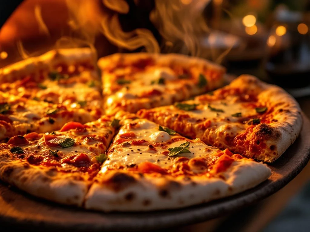 Goudkleurige Romeinse pizza's met dunne korst uit mobiele houtoven op elegante cateringfeest met wijn en sfeerverlichting