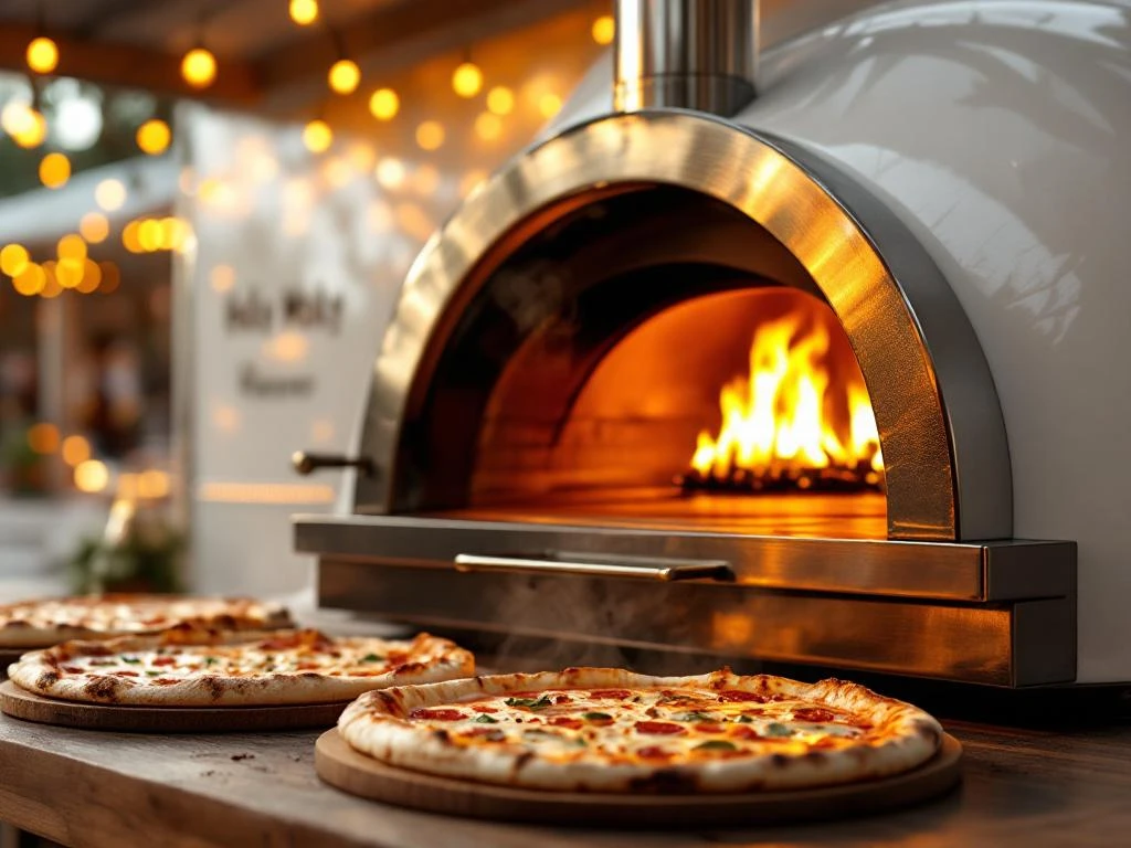 Mobiele pizza oven op foodtruck met verse pizza's en vlammen, catering evenement met sfeerverlichting