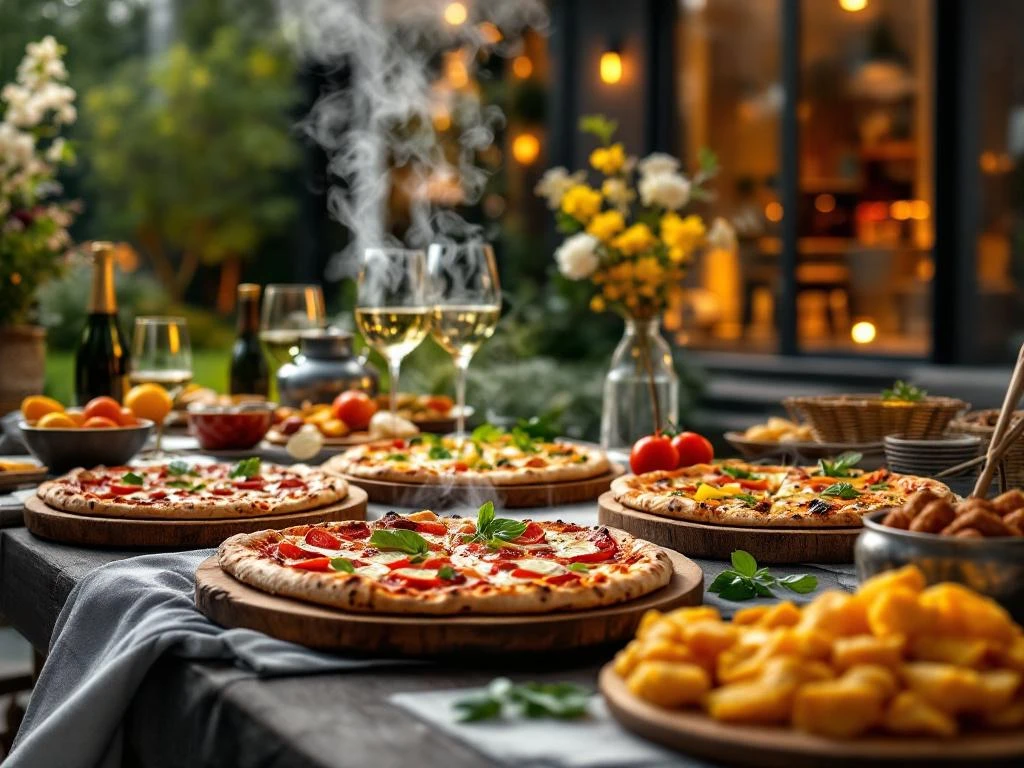 Mobiele pizza-oven met verse Romeinse pizza's op houten planken tijdens elegante housewarming party buitenfeest