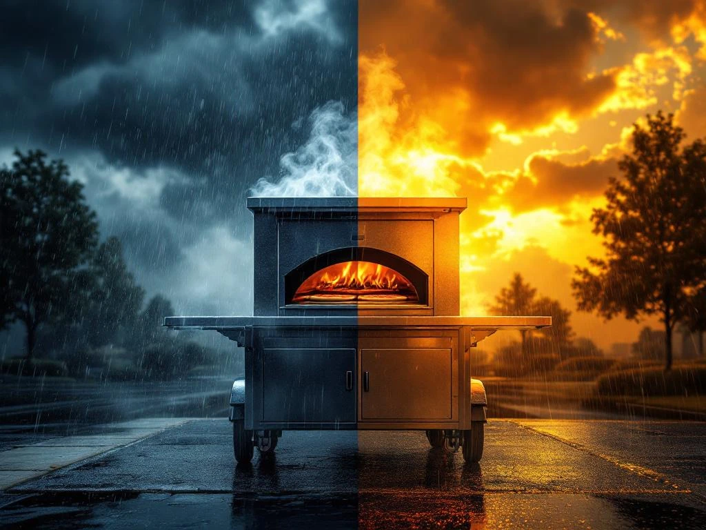 Mobiele pizza-oven bij slecht weer links en zonnig weer rechts toont impact van weersomstandigheden op outdoor catering