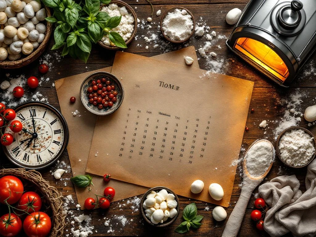 Elegante eettafel met vintage klok, kalender en premium Italiaanse ingrediënten rond mobiele pizza-oven met warme verlichting