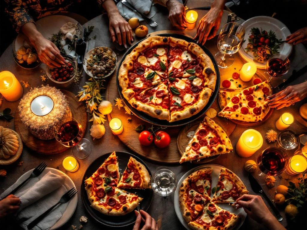 Elegante eettafel met verse Romeinse pizza's, kaarslicht en wijnglasjes voor intieme thuiscatering ervaring