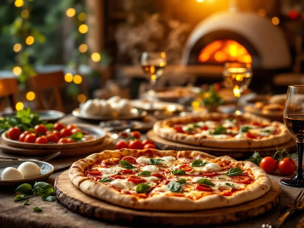 Artisanale Romeinse pizza's op rustieke houten planken met verse ingrediënten en warme pizzaoven op achtergrond