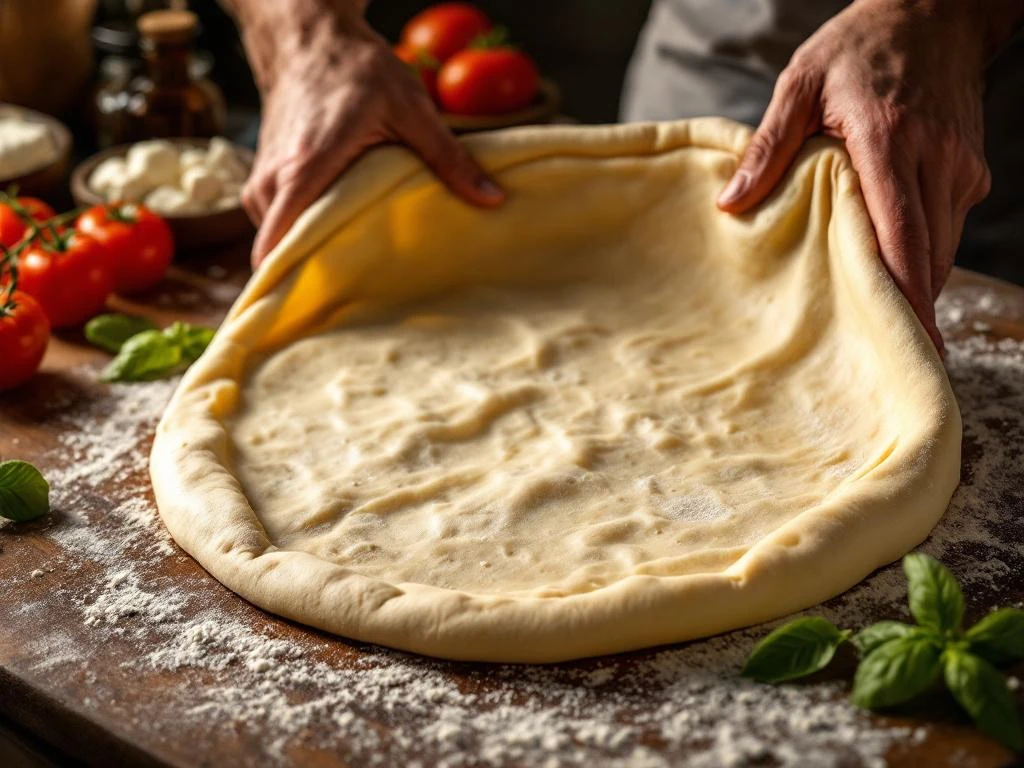 Handen die dunne Romeinse pizzadeeg uitrekken op houten oppervlak met Italiaanse ingrediënten en bloem eromheen