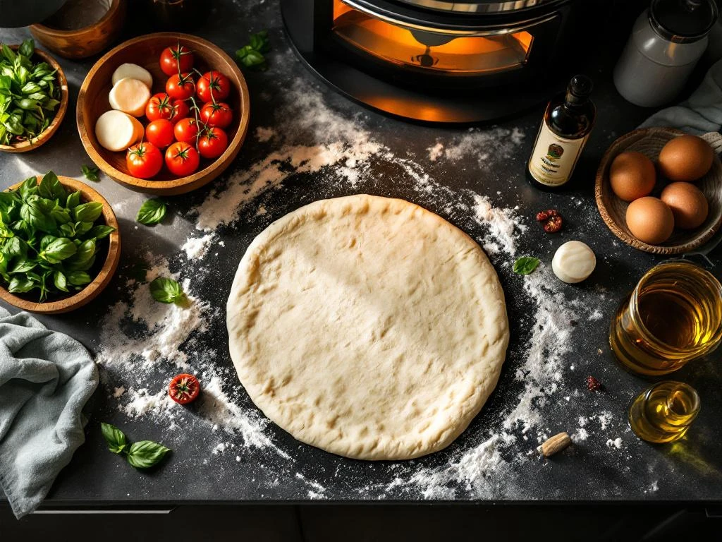 Dunne pizzadeeg op marmeren aanrecht met San Marzano tomaten, mozzarella en basilicum voor Romeinse pizza thuis