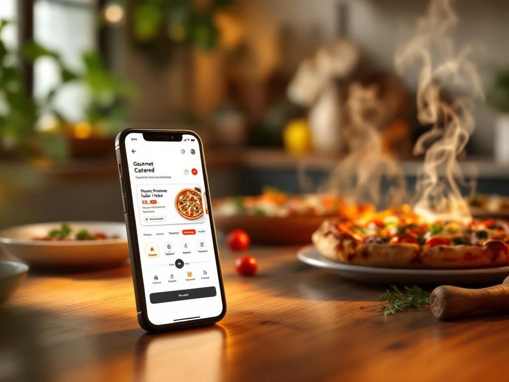 Smartphone met voedselbestel-app op moderne keukentafel met dampende Italiaanse gerechten en pizza's op achtergrond