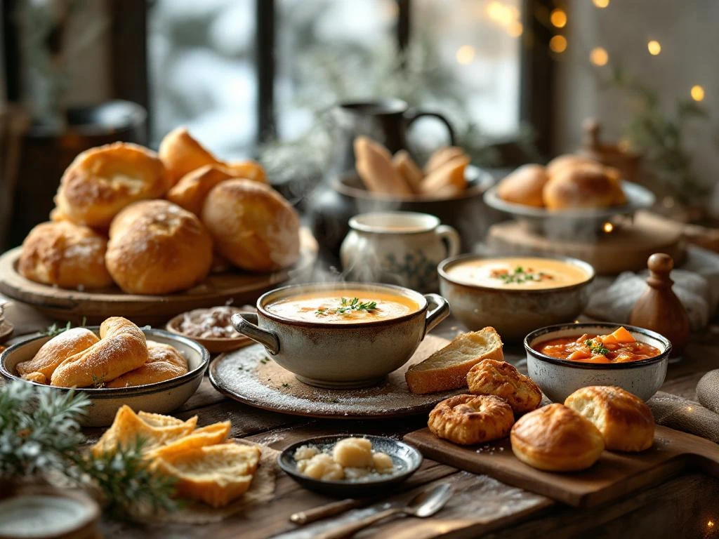 Winterse comfortgerechten met dampende soepen, verse brood en hartige stoofschotels op rustieke houten tafel