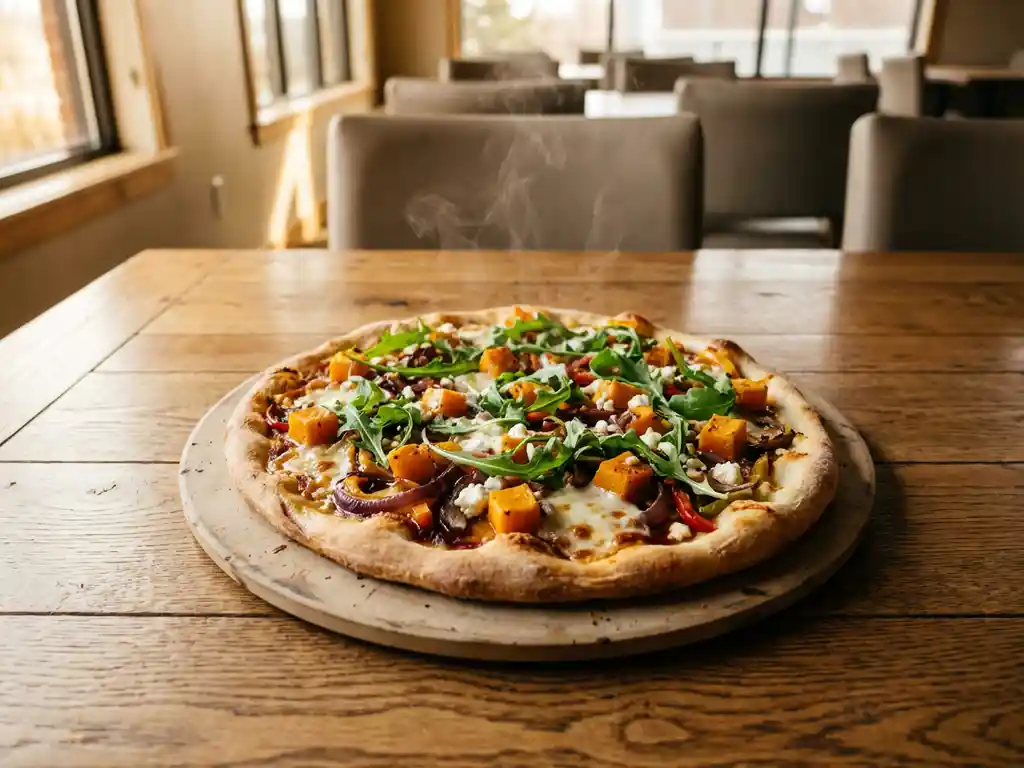 Artisanale pizza met geroosterde pompoen, rucola en kaas op rustieke houten tafel in restaurant