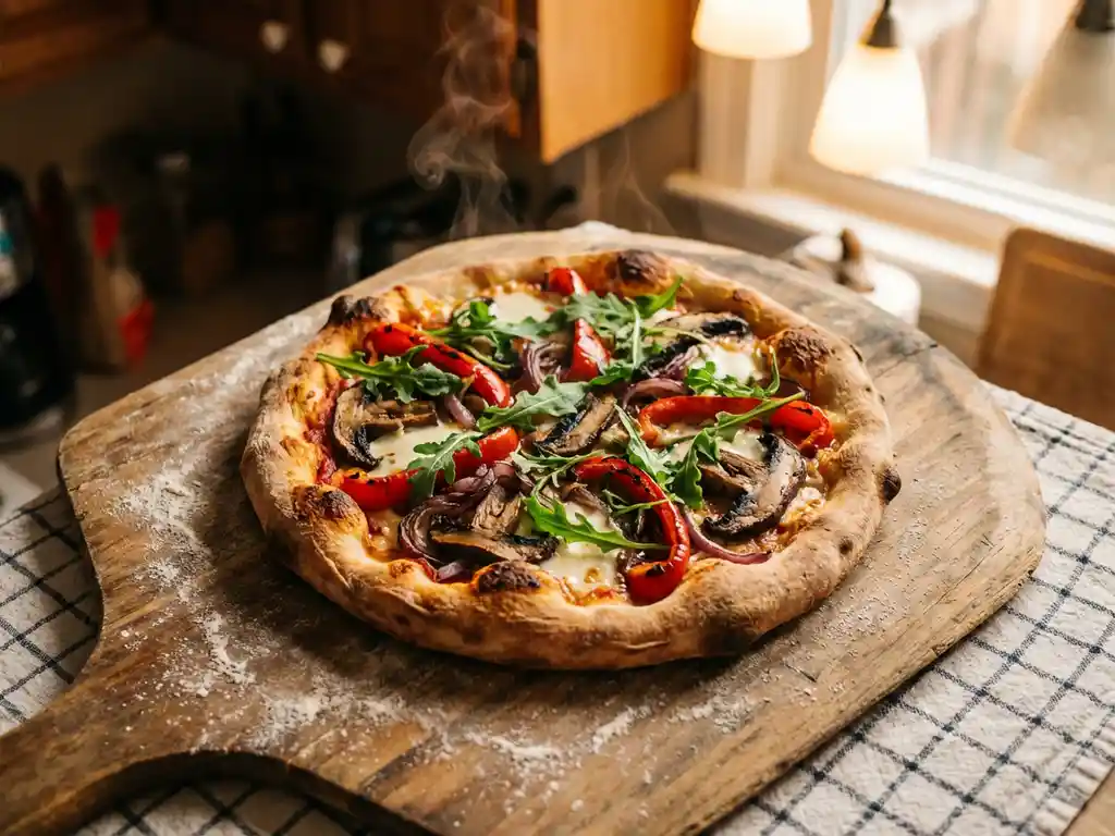 Artisanale pizza met geroosterde paprika, champignons, rode ui en rucola op houten pizzaschep