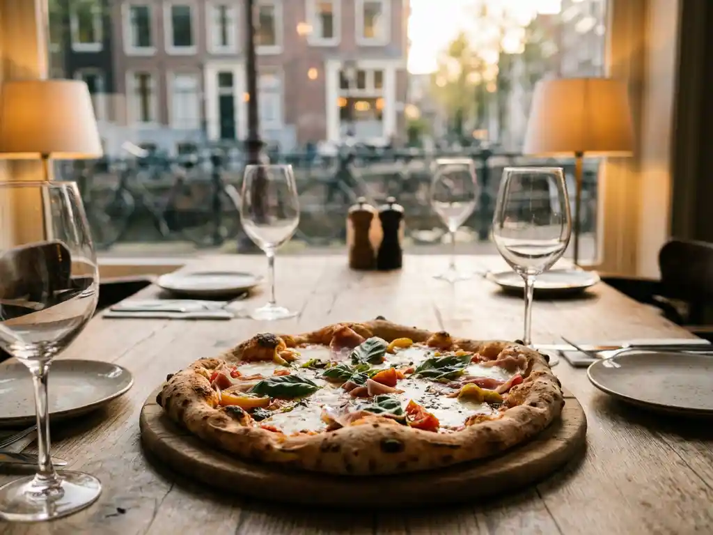 Artisanale pizza op houten plank bij raam van Amsterdams restaurant tijdens zakelijk teamevenement met wijnglazen


---

**Feedback**: This alt text exceeds the 125-character limit. Let me provide a corrected version:

Artisanale pizza op houten plank bij raam van Amsterdams restaurant tijdens zakelijk teamevenement