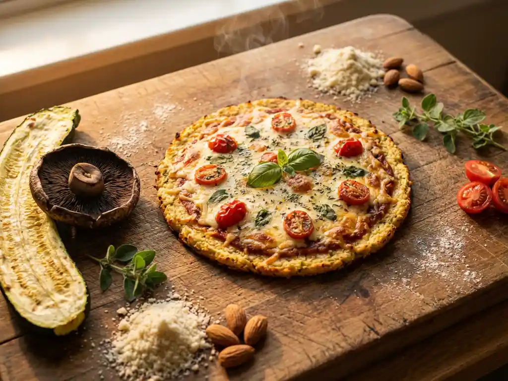 Vers gebakken bloemkoolpizza op houten snijplank met courgette, portobello en amandelmeel als alternatieve bases