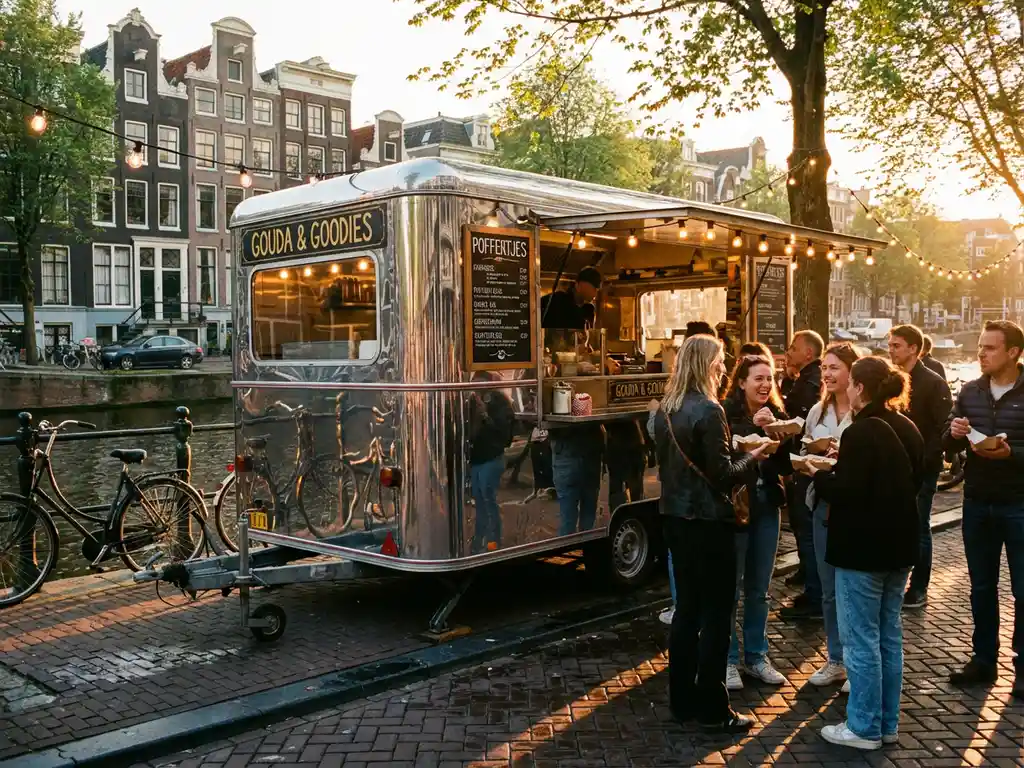 Foodtruck met chromen buitenkant aan Amsterdamse gracht, omringd door festivalgangers bij zonsondergang