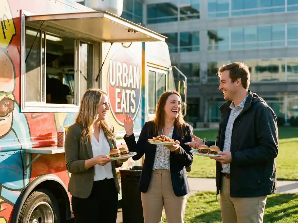 Medewerkers lachen en eten gourmet streetfood bij foodtruck in modern bedrijfspark tijdens gouden uurtje