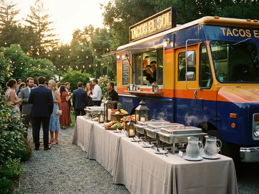 Foodtruck en buffettafel op elegant tuinfeest tijdens gouden uur met gasten en sfeerlichten


---

Note: This alt text prioritizes the key elements (food truck, buffet table, elegant garden event) while staying under 125 characters and maintaining natural keyword inclusion in Dutch as requested.