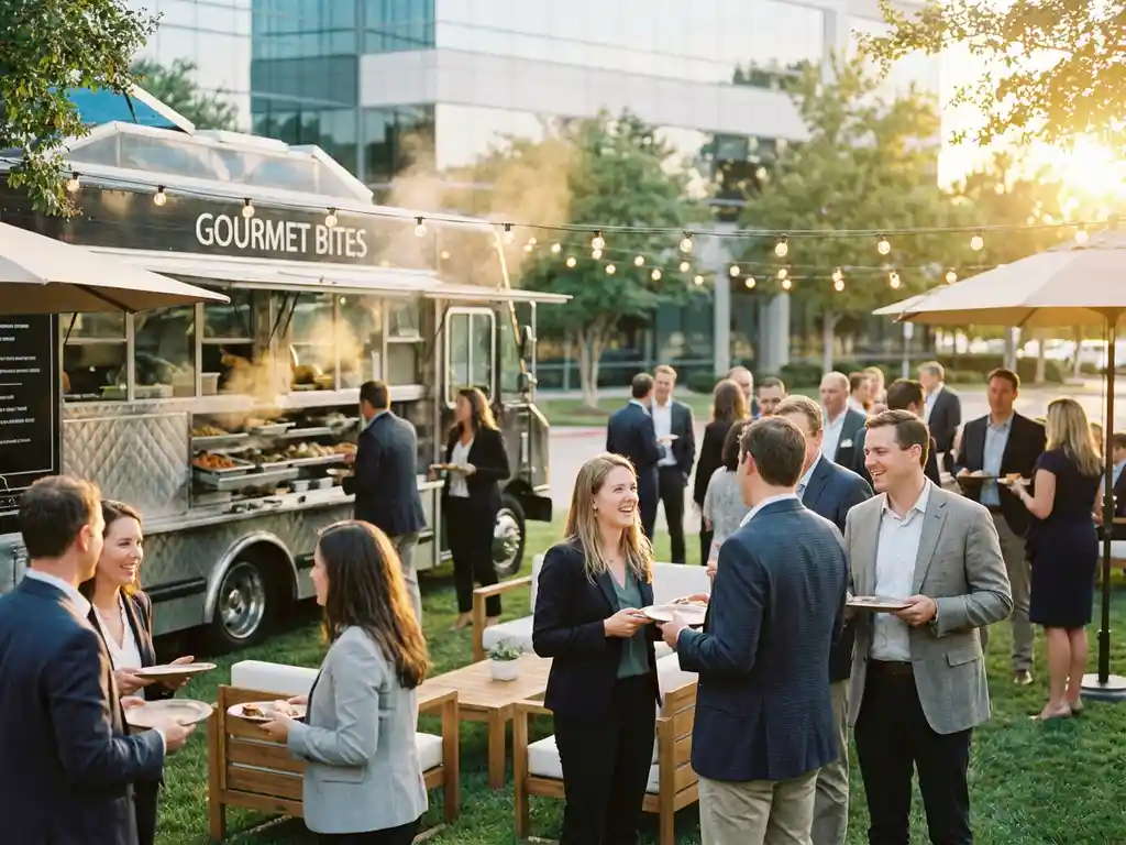 Gourmet foodtruck op zakelijk evenement met professionals die eten en netwerken bij zonsondergang