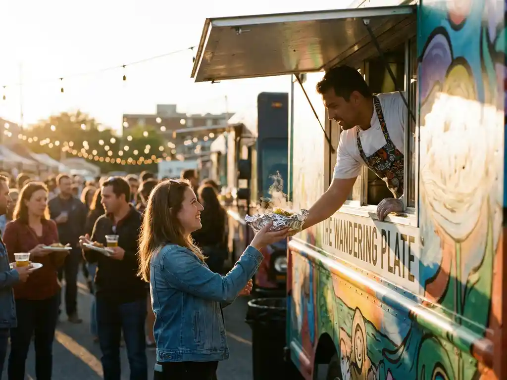 Chef overhandigt gourmet gerecht aan glimlachende gast bij foodtruck tijdens buitenevenement met feestverlichting