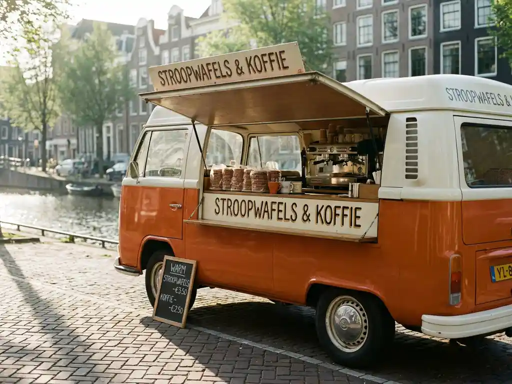 Oranje-witte foodtruck met stroopwafels en koffie op Amsterdamse grachtenstraat in ochtendlicht