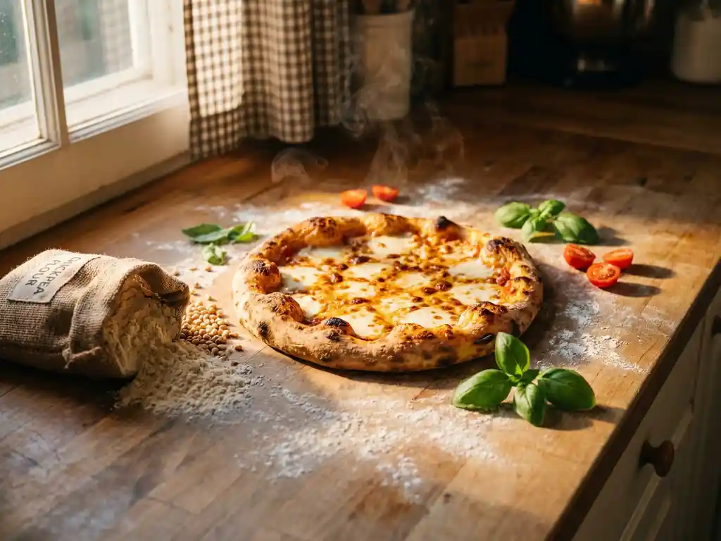 Vers gebakken glutenvrije pizza met gouden korst op rustiek houten aanrecht met basilicum en tomaten
