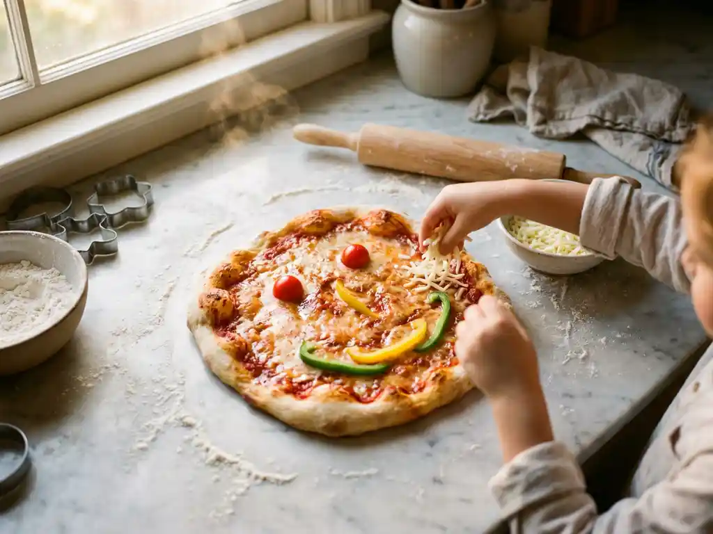 Zelfgemaakte pizza met smileygezicht van groenten, kinderen strooien kaas erop in warme keuken met zonlicht