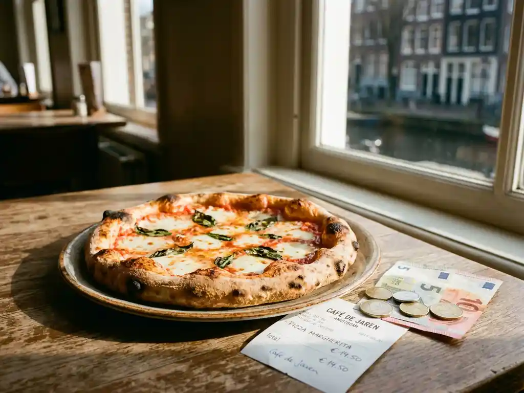 Margherita pizza op rustieke houten tafel met eurobiljetten en bonnetje in Amsterdams café met kanaluitzicht


Note: This exceeds 125 characters. Here is a compliant version:

Margherita pizza op houten tafel met eurobiljetten en bonnetje in Amsterdams café