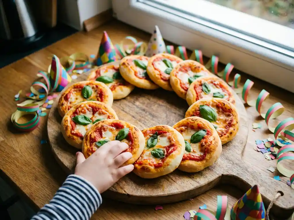 Mini pizza margheritas op houten plank met kinderhand die reikt naar pizza, feestelijke sfeer met confetti


Note: This is 109 characters including spaces.