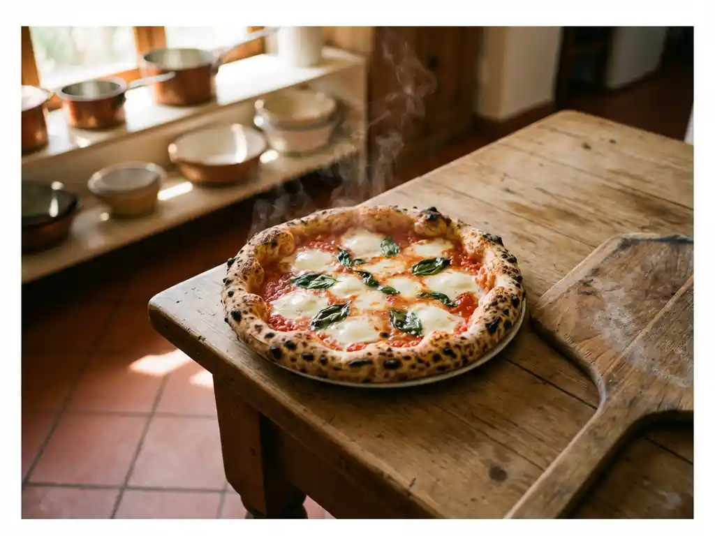 Authentieke Napolitaanse pizza met gesmolten buffelmozzarella en basilicum op rustieke houten tafel