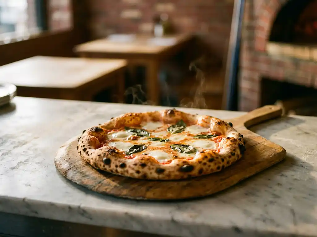 Authentieke Napolitaanse pizza met gesmolten buffelmozzarella en basilicum op houten pizzaschep in traditionele pizzeria