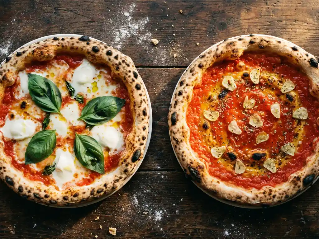 Twee traditionele Napolitaanse pizza's op rustieke houten tafel, één met basilicum en mozzarella, één met tomatensaus