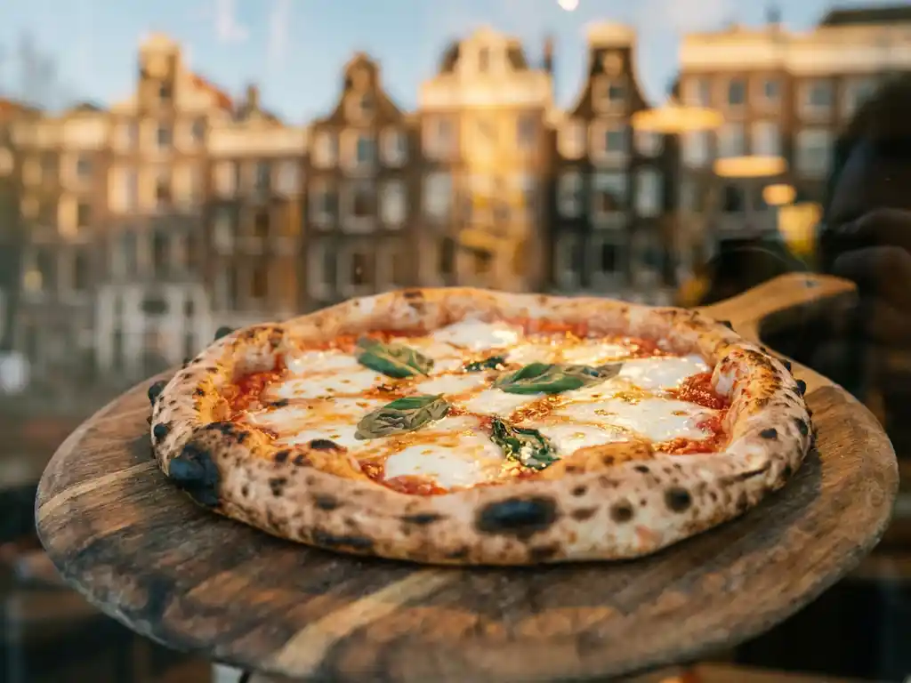 Napolitaanse pizza met mozzarella en basilicum op houten plank, Amsterdamse grachtenpanden op achtergrond