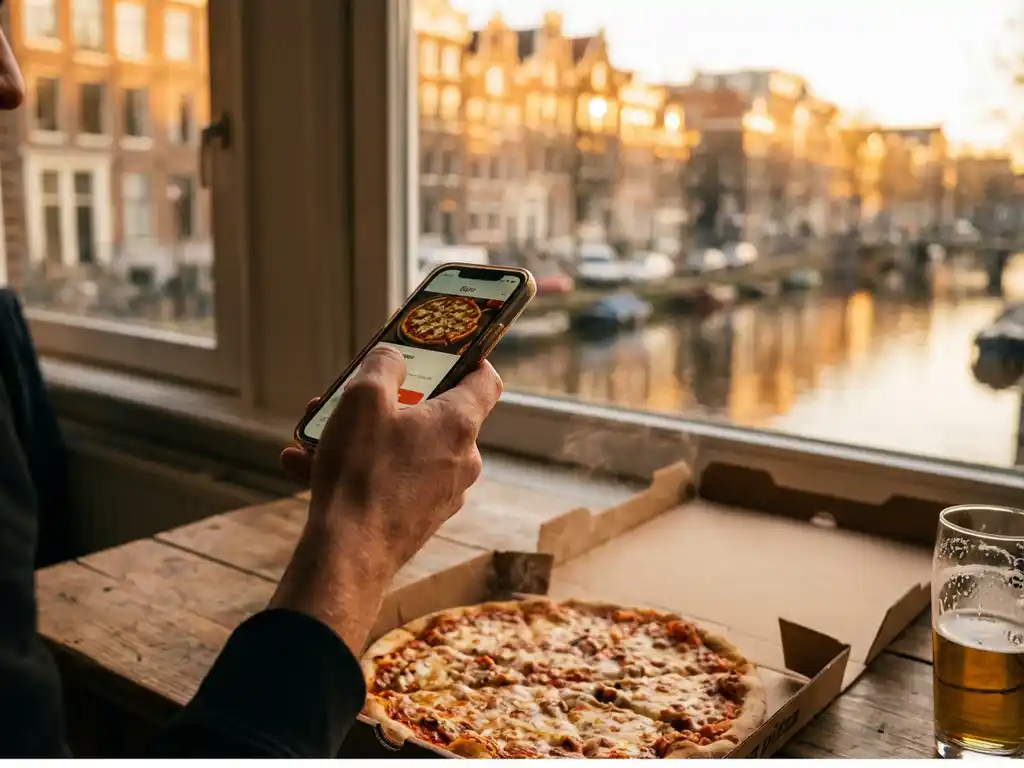 Hand houdt smartphone met pizza bestel-app boven verse pizza op tafel, Amsterdamse grachtenhuizen op achtergrond