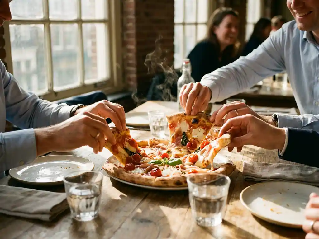 Verse artisanale pizza op rustieke houten tafel in Amsterdam restaurant, collega's pakken stukken, warm zonlicht