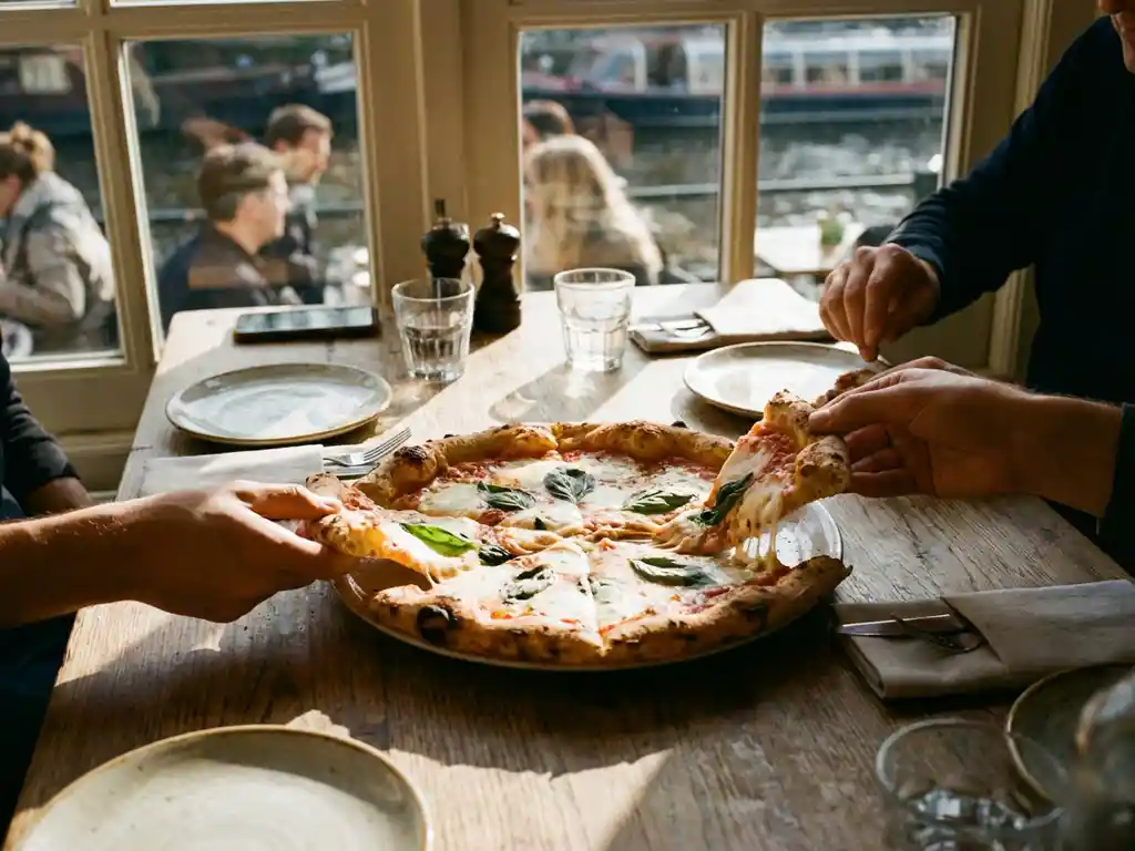 Collega's delen ambachtelijke pizza met basilicum en mozzarella aan houten tafel in Amsterdam restaurant bij kanaalgracht