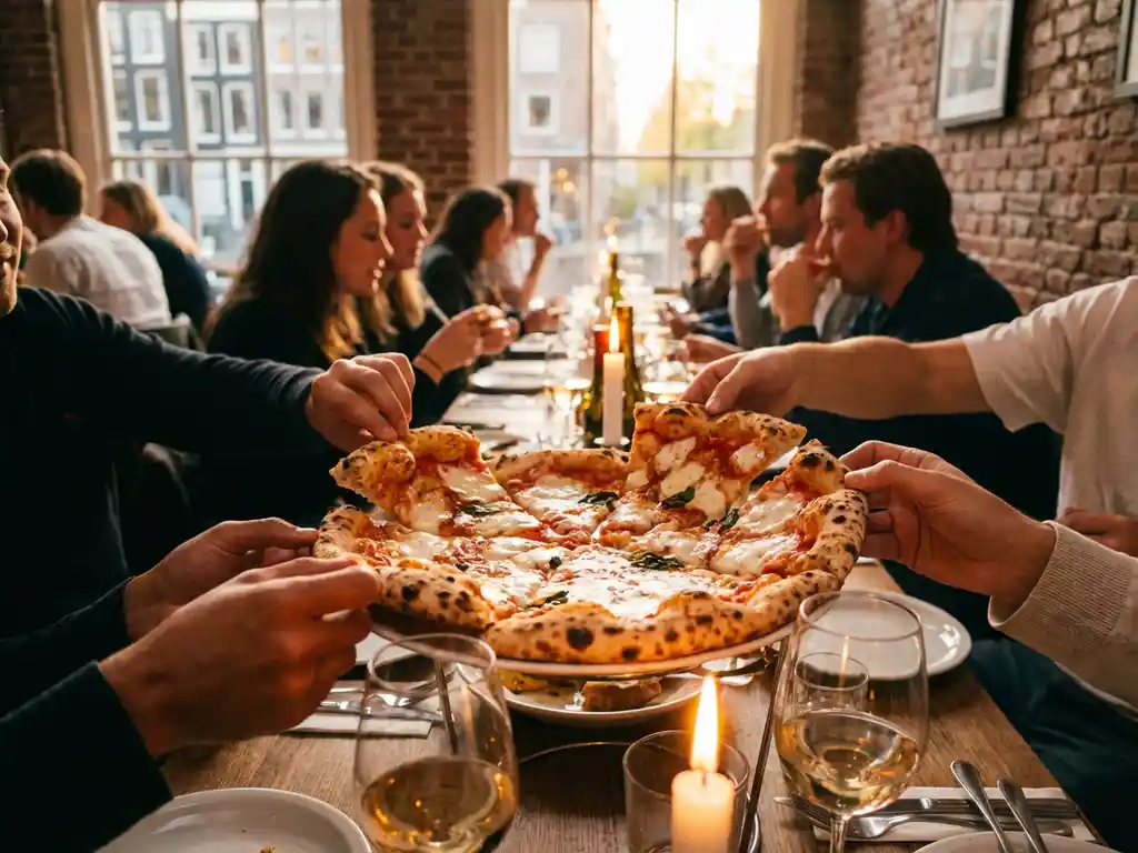 Houtoven pizza met mozzarella en basilicum op restauranttafel, diverse handen pakken plakken, Amsterdam interieur


---

**Explanation of approach** (not part of alt text):
- Started with main subject (pizza)
- Included key visual elements (toppings, hands, location)
- Stayed under 125 characters
- Used natural Dutch language
- Avoided redundant phrases
- Focused on what's visually important for accessibility