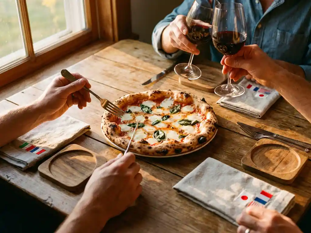 Artisanale pizza met mozzarella en basilicum op houten tafel, omringd door diverse handen met wijnglazen