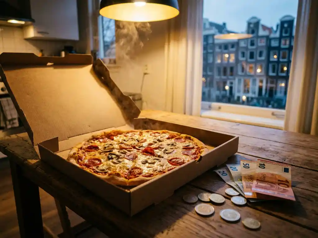 Open pizzadoos met gesmolten kaas op houten tafel met eurobiljetten en munten, Amsterdams grachtenpand op achtergrond