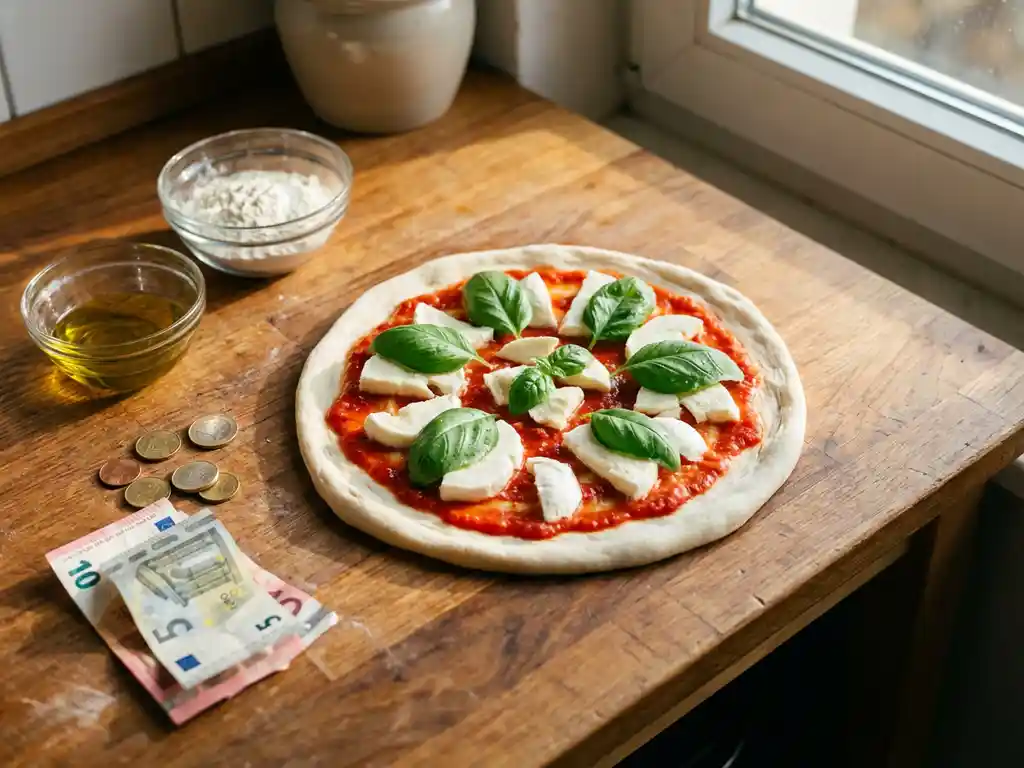 Ronde pizzadeeg met tomatensaus, mozzarella en basilicum op houten aanrecht met ingrediënten en eurobiljetten