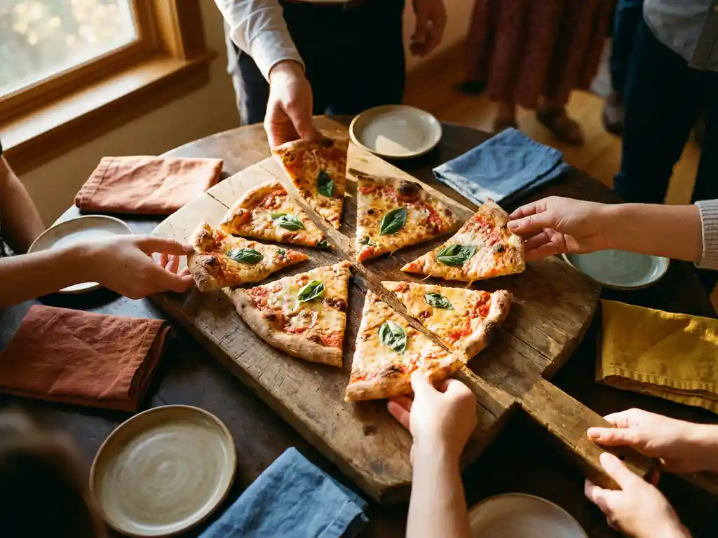 Pizza margherita op houten plank met handen die stukken pakken tijdens feestelijke bijeenkomst