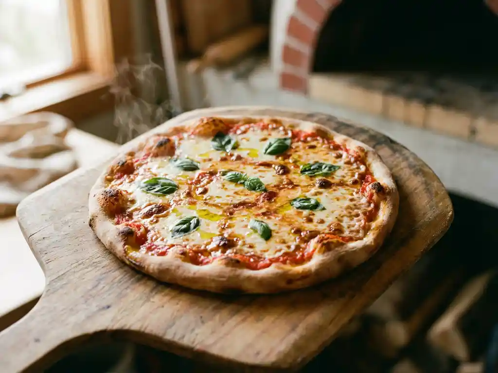 Vers gebakken pizza margherita op houten pizzaschep met gesmolten mozzarella, basilicum en stoom
