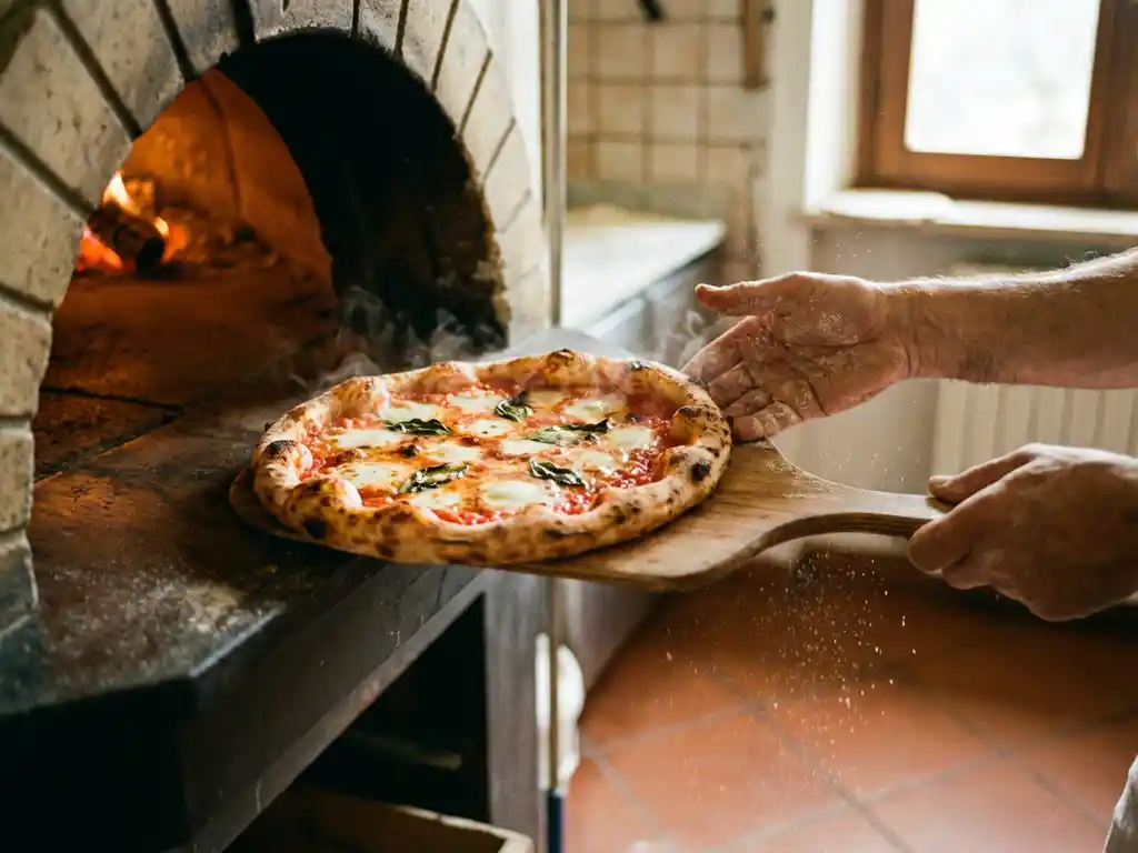 Baker tilt verse pizza margherita uit houtgestookte oven met gouden korst, basilicum en mozzarella