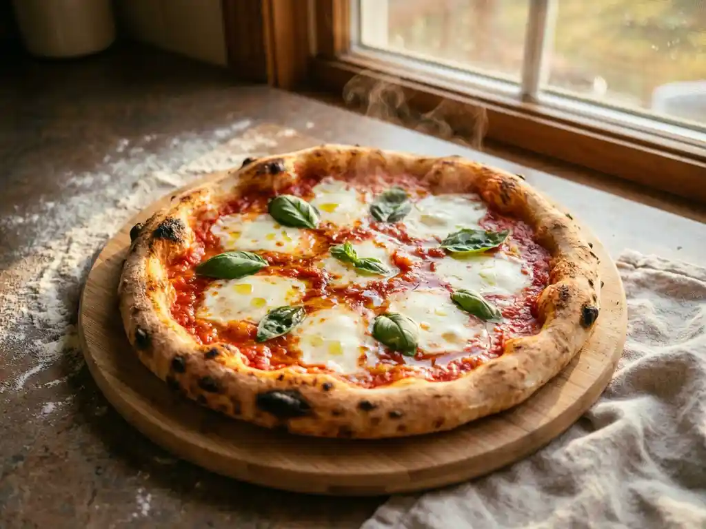 Verse pizza margherita op houten schep met goudbruine korst, mozzarella, tomatensaus en basilicum


---

**Explanation of approach (not part of the alt text):**

I created a concise alt text in Dutch that:
- Leads with the main subject (pizza margherita)
- Includes key visual elements (wooden peel, golden crust, key toppings)
- Stays well under 125 characters (approximately 95 characters)
- Uses natural, descriptive language
- Omits artistic details like lighting and camera angles that don't add value for screen readers
- Focuses on what's essential for understanding the image content