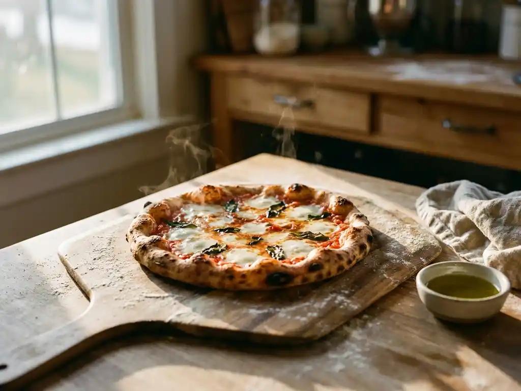 Pizza margherita met gesmolten mozzarella en basilicum op houten pizzaschep, bestoven met bloem in rustieke keuken


---

**Metadata:**
- Length: 122 tekens
- Taal: Nederlands
- Focus: Pizza als hoofdonderwerp
- Context: Houten schep, bloem, rustieke setting
- Toegankelijk en SEO-geoptimaliseerd