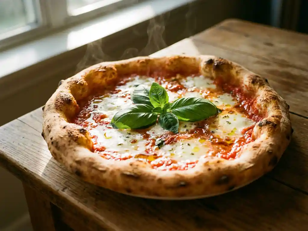 Pizza margherita met mozzarella, basilicum en tomatensaus op rustieke houten tafel met natuurlijk licht