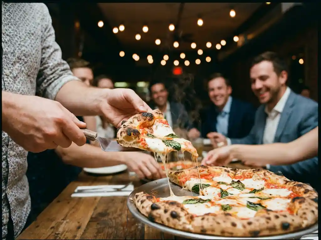 Houtoven pizza met mozzarella en basilicum op houten tafel, collega's pakken plakjes tijdens bedrijfsborrel